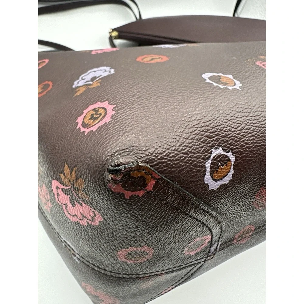 COACH Floral Print Tote Bag Brown Pink Lavender Shoulder Bag w/ Matching Pouch